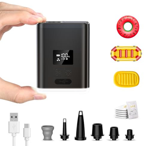 QMQ Electric Air Pump, Mini Camping Pump 4.5 kPa with 5000mAh Battery and light, Cordless Inflator Deflator for Pool Floats Air Bed Air Mattress Swimming Ring Vacuum Storage Bags (Black)