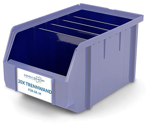 HMH Stapelboxen der Größe M 230x150x130mm für dein Kleinteilelager Sichtlagerkästen in 5 Farben Zubehör wie Deckel Trennsteg Etikett Wandschiene Sortierkisten (Trennsteg quer, 20 Stück)