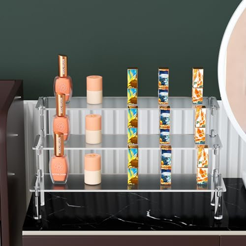 Rseuphiee Présentoir Acrylique à 3 Niveaux, Présentoir Transparent, Support Acrylique pour Parfums, gateau, buffet, figurine, Cosmétiques, Rouge à Lèvres, Épices(30x8cm