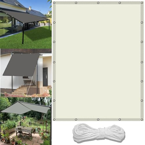 Segeltuch Mit Ösen 2.1 x 3.8 m Wasserdicht Sonnensegel Balkon Reißfest UV-Schutz nach Mass Polyestergewebe Mit Seil Sonnenschutz Markise für Pool und glasdach, Elfenbein