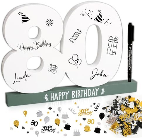 BOFUNX 80. Geburtstag Gästebuch + Geburtstag Konfetti + Stift, Holz Kreative 80. Geburtstag Geschenkidee für Frauen Männer Holz Andenken Tischdeko