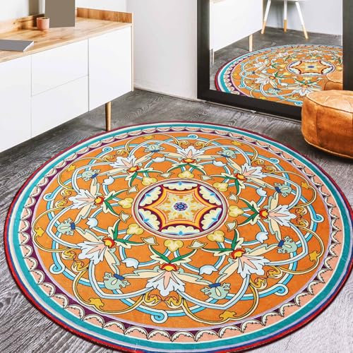Washable Floral Round Boho Rug - 4 Feet Diameter Non-Slip Vintage Shed Resistant Floor Carpet for Living Room Bedrooms 405-05120
