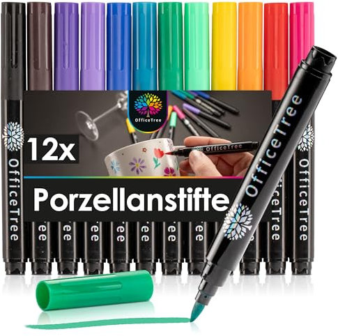 OfficeTree 12 x Porcelain Pens for Ceramic Permanent - 12 Colours - Brush Tip - Ceramic Pen Dishwasher-Safe - Porcelain Paint Pen - Porcelain Paint for Ceramic - Porcelain Paint Pens - Ceramic Pens