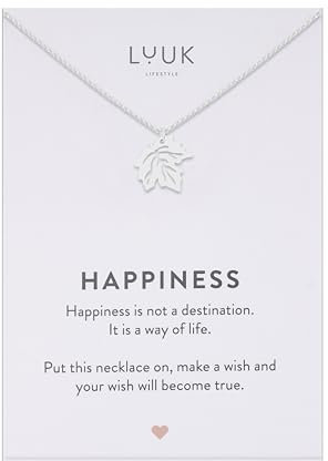 LUUK LIFESTYLE Filigrane Halskette mit Ahornblatt Anhänger aus 14K Silber Edelstahl, 50cm verstellbar, wasserfest, elegantes Schmuck Geschenk für Frauen mit HAPPINESS Spruchkarte, Herbst & Winter