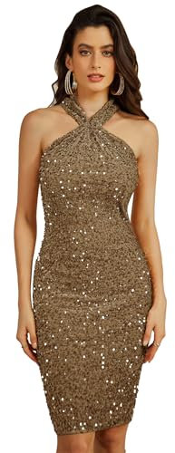 GRACE KARIN Damen Vintage Pailletten Kleid Knielang Neckholder Cocktailkleid Festlich Bodycon Partykleid Schwarzes Braun S