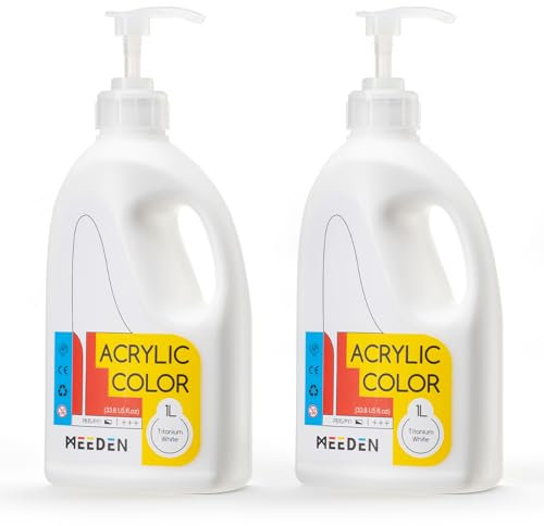 MEEDEN 2-Pack Titanium White Acrylic Paint: 1 L /33.8 oz Satin Liquid Paint with Pump Lid - Soft Body Art Paints for Canvas, Studio, School, Wall & Poured Paintings