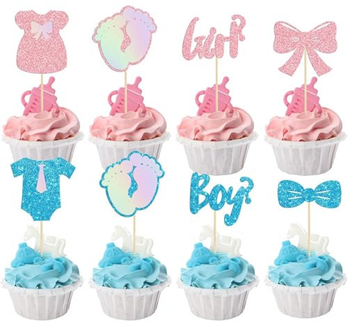 PINEPAN Lot de 24 décorations de cupcakes à paillettes bleues et roses pour garçon ou fille - Pour fête prénatale