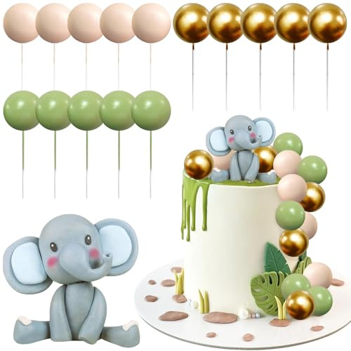 Elefant Tortendekoration, 16 Stück Kuchendekorationen für Geburtstage und Babypartys, Kuchentiere, Bälle, Cupcake Topper