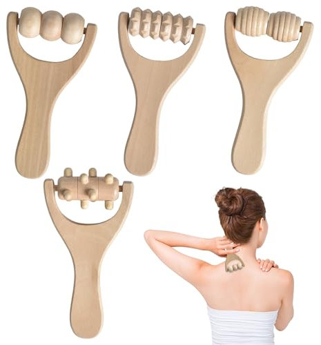 4 Stück Holz Massageroller,Faszienrolle mit Griff Massageroller Beine Massagerolle Massage Rolle,Massage Roller mit Griff für Nacken Schulter Beine Füße Gesicht Rücken