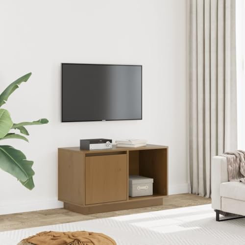Baziroo Meuble TV, marron miel, 74 x 35 x 44 cm, en pin massif, style tendance, pour le salon, beaucoup d'espace de rangement pour DVD, meuble TV, plateau supérieur stable, présentation de plantes en