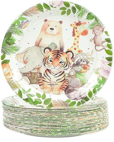 HFBOBP 50 PCS Safari Baby Shower Paper Plates, 7 Safari Jungle Animals Dessert Plates Disposable Zoo Birthday Party Plate Tableware Dinnerware for Picnic Camping Birthday Party Favor Supplies