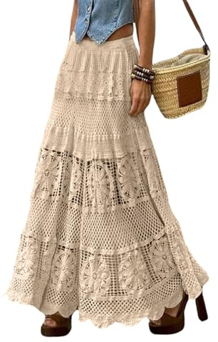 chouyatou Women's Western Floral Lace Crochet Knit Maxi Boho Skirt A-Line Eyelet Hippie Flowy Long Skirt (Medium, Light Khaki)