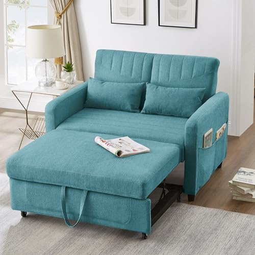 Divano letto con funzione letto Divano pieghevole a due posti, design estensibile, elegante e moderno, schienale regolabile a tre livelli, tessuto traspirante in cotone e lino (Antico Blu-verde)
