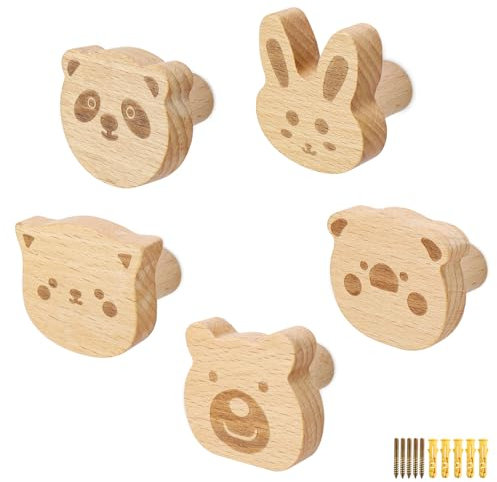MUNTE 5 Piezas Colgadores de Pared de Madera, Gancho Perchero con Forma di Animale, Perchero Pared Infantil, 5 Estilos, con Tubo de Expansión y Tornillos, para Dormitorio, Sala de Estar, Armario