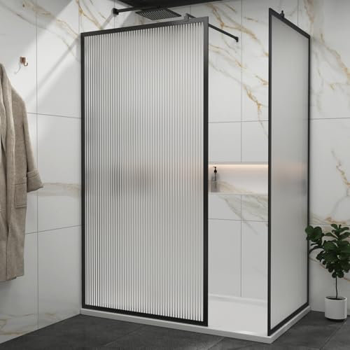 Luxor Fluted Walk in Shower Enclosure with 1200 x 800mm Shower Tray & Matt Black Frame 8mm Easy Clean Toughened Safety Glass Screen