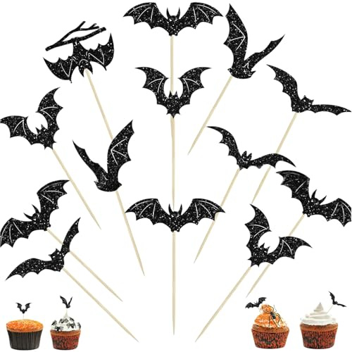 24 toppers para cupcakes de Halloween, decoración de tartas, murciélagos, decoración para tartas, palillos de dientes, decoración para tartas, palillos de murciélago, decoración para tartas, color