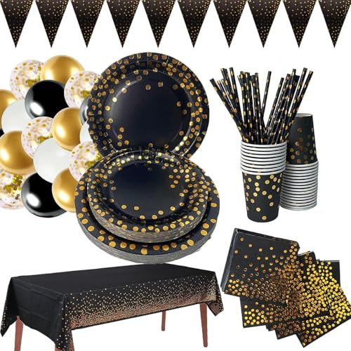 Black Gold Party Supplies with Tablecloth, Plates, Cups, Straws, Napkins for Brithday Baby Shower, Wedding, Anniversary, Christmas Party Supplie (Serves 16)