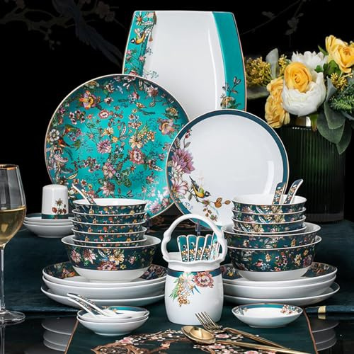 LXYAYY 70 Pieces Bone China Dinnerware set for 10 People Light Luxury Vintage Blue Flower Enameled Bowl Plate Spoon Chopsticks Tableware Combination Set