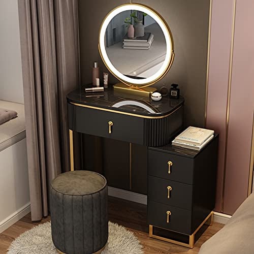 Vanity Set with 3 Color Lighting Modes 4 Drawer Makeup Table & Stool Storage Dressing Table for Bedroom & Dressing Room Cosmetic Storage Solution