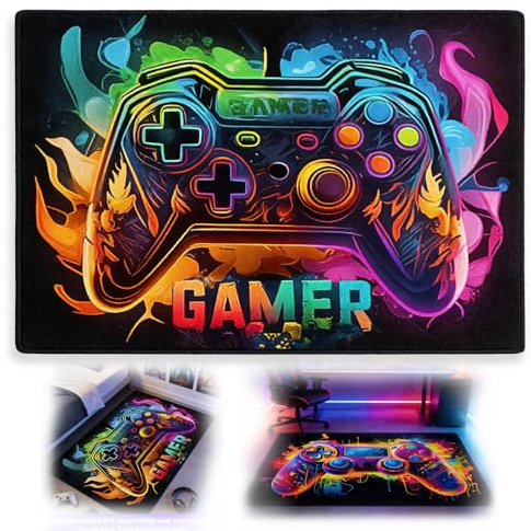 Nocecfi Gaming Area Rug, 80 x 120 cm 3D Colorful Game Gamepad Carpets, Washable Non-Slip Gaming room Carpet Decor, Game Controller Carpet Floor Mat for Bedroom Living Playroom Decor