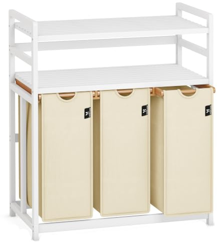 AdelDream Wäschekorb 150L,3 Fächer Wäschesammler,2 Ablagen,Bambus | Wäschesortierer 3 x 50L,ausziehbar abnehmbar,Doppelregal,Weißer Bambusrahmen,beigefarbene Wäschesäcke