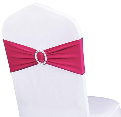 Pack of 100 Wedding Hot Pink Chair Sashes, Spandex Fuchsia Chair Sash Bands with Silver Buckle, Elastic Chair Bows for Weddings Party Birthday Baby Shower Events Decorations (Fuchsia)