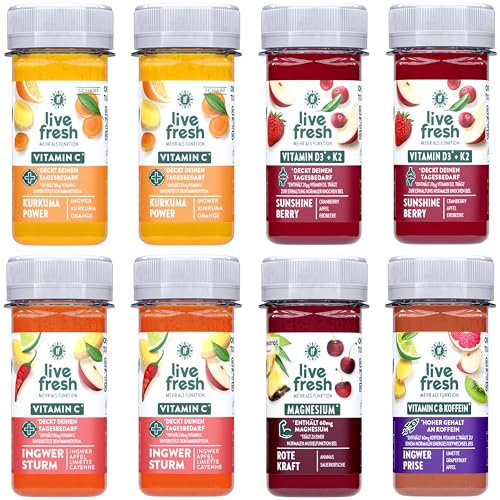 LiveFresh Ingwer Shots Probierpaket (16x60 ml) | 5 Geschmackssorten | Schonend Kaltgepresst | Frische Superfruits wie Ingwer, Kurkuma oder Guarana | Ohne Zucker & Zusätze