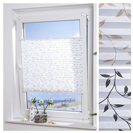 ourdeco® Plissee Filigran / 60 x 210 cm (Breite x Höhe) / Stoff: weiß; Muster: beige/lichtdurchlässig, gedrucktes Motiv Blätter/Klemmen=Montage ohne Bohren=Smartfix=Klemmfix-Plissee=Easy-to-fix