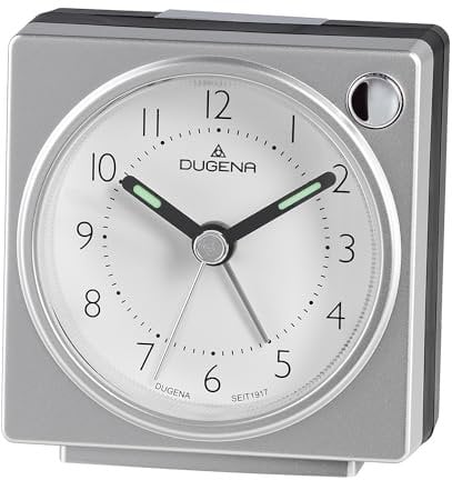 Dugena Quarzwecker, schleichende Sekunde, mit Weckzeiger, Weckwiederholung, Zifferblattbeleuchtung, ansteigendes Wecksignal, Maße 63 x 66 x 33 mm, inklusive Batterie (Silber)