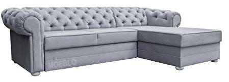 MOEBLO Chesterfield Ecksofa ohne Schlaffunktion Sofa Couch Garnitur Stoff Samt (Velour) Glamour Wohnlandschaft - Avia (Hellgrau, Ecksofa Rechts)