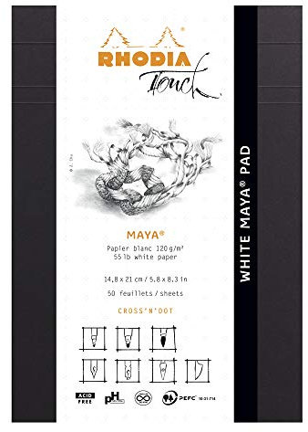 Rhodia 116103C - Notizblock White Maya Pad, kopfseitig geheftet, A5 (14,8x21 cm), 50 Blatt mikroperforiert, Cross’n’Dot, Clairefontaine Papier Maya weiß 120g, Schwarz, 1 Stück