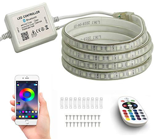 FOLGEMIR 15m RGB LED Streifen, Bluetooth kontrolliert Strip, 220V dimmbar Lichterkette, 5050 SMD 60 LEDs/m Farbwechsel Led Band, wasserdicht Lichtschlauch mit Trafo & 24-Tasten IR Fernbedienung