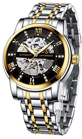 A ALPS Herren-Armbanduhr, Skelett, luxuriös, mechanisch, Edelstahl, wasserdicht, Schwarz, automatische Selbstaufzug, römische Ziffern, Diamant-Zifferblatt, Gold, selbstaufziehende, automatische Uhr