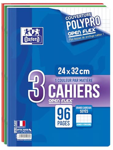 Oxford OpenFlex 3 Hefte 24 x 32 cm, große Seyes-Karos, 96 Seiten, Umschlag aus Polypropylen, 90 g