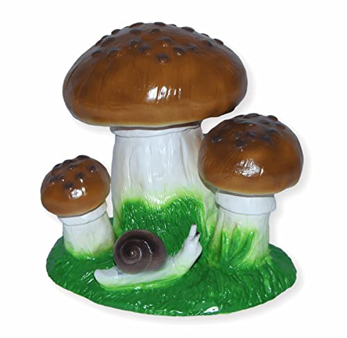 RAKSO Dekofigur DREI Steinpilze Pilze mit Schnecke H 15 cm Deko Garten Figur Gartenfigur aus Kunststoff
