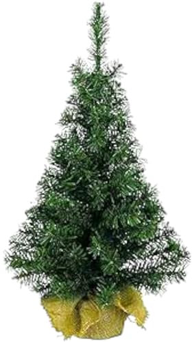 Alberetto di Natale Pinetto 45 cm con LUCI- Albero di Natale Piccolo 50 Rami Ø 25cm Ignifugo con Sacco in Juta Base Solida da Tavolo, scrivania, davanzale