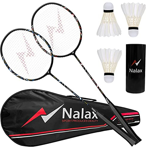 Nalax Badminton Set, 2 Player Badminton Rackets Professional Graphite High-Grade Badminton Racquet with 3 Shuttlecocks and 1 Carrying Bag for Outdoor Backyard Games Perfect for Adults Kids