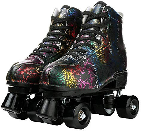 XUDREZ Unisex Roller Skates PU Leather 4 Wheel Shiny Roller Skates for Beginners Outdoor,Indoor (Lightning black black wheel,38)