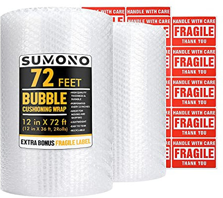 Sumono Lot de 2 rouleaux de papier bulle perforé de 30,5 cm x 2,5 m au total avec 20 étiquettes autocollantes fragiles