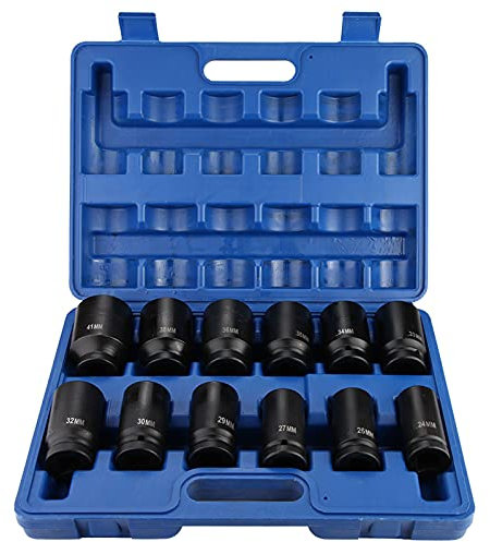 3/4'' Schlagschrauber Nüsse Set, 12-teilig Steckschlüsselsatz Impact Socket Set 24/26/27/29/30/32/33/34/35/36/38/41mm, Sechskant Nüsse, Steckschlüsselsatz mit 3/4'' Antrieb(3/4'' 24-41mm)