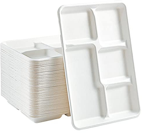Vplus 100% Compostable 5 Compartment Paper Plates, 100 Pack, 12.5 x 8.6 inch Disposable School Lunch Trays, Eco-Friendly Bagasse Plates for Buffet, and Party