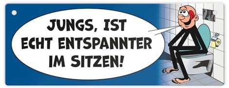 Bitte im sitzen pinkeln Metallschild L in 10,5x28cm im Comic-Stil in blau