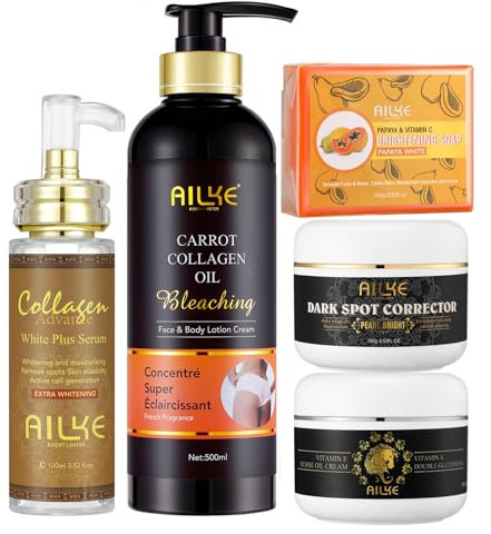 5-in-1-Kollagenaufhellungsset, klärt, spendet Feuchtigkeit, hellt auf, mit Bio-Karottenöl, strahlende Haut, ebenmäßiger Ton, dunkle Flecken, Altersflecken, Sonnenflecken