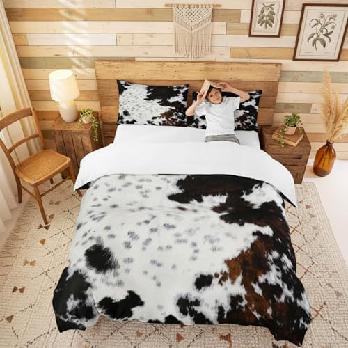 feelingyou Rindsleder-Druck Bettwäsche-Set,Bauernhaus-Tierhaut Bettwäsche Set 200x200cm,Rustikales Kuhfell-Muster Betten Set für Kinder Jungen Mädchen Teenager 3St.Reißverschluss Mikrofaser