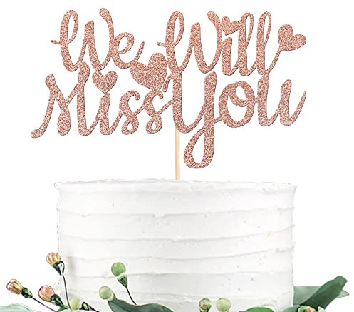 SYKYCTCY 1 Pack We Will Miss You Cake Topper Glitter Red Love Heart Good Luck Cake Pick Retirement Theme Going Away Party Cake Decorations Rose Gold