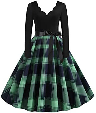 TYQQU Damen Vintage Elegant Print Hepburn Dress V Ausschnitt A-Linien Abendkleid Langarm Midikleid Grünes Plaid 2XL