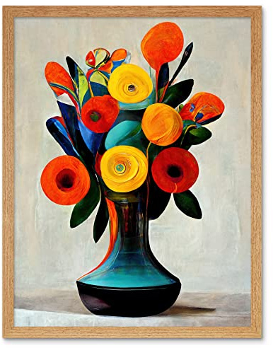 Wee Blue Coo Midcentury Style Bright Floral Bouquet Flowers Painting Orange Yellow Red Turquoise Art Print Framed Poster Wall Decor 12x16 inch