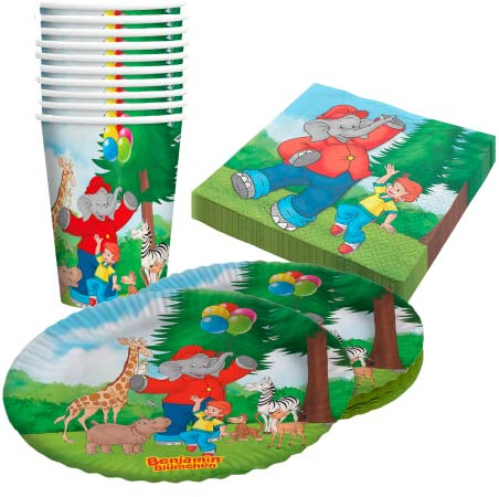 Party Factory `Benjamin Blümchen´ 40-teiliges Party Set mit 10 Bechern 250ml, 10 Tellern Ø 23cm und 20 Servietten 33x33cm, Partygeschirr für Geburtstag und Mottoparty