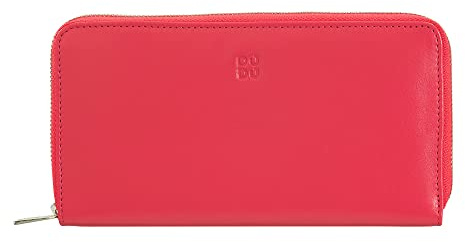 DUDU Große Bunte Damenbrieftasche RFID in echtem Leder mit Rundum - Reißverschluss Himbeere