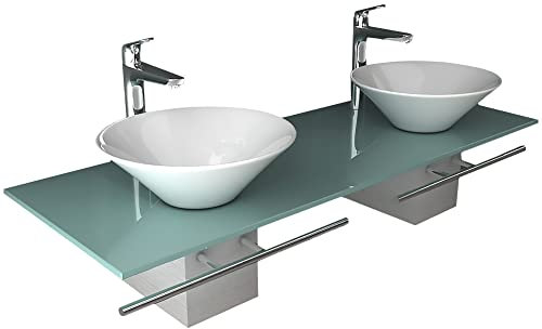 Alpenberger - Tocador doble sobre cristal esmerilado y caja de acero inoxidable, 2 lavabos redondos de cerámica con efecto loto, lavabo con lavabo y toallero